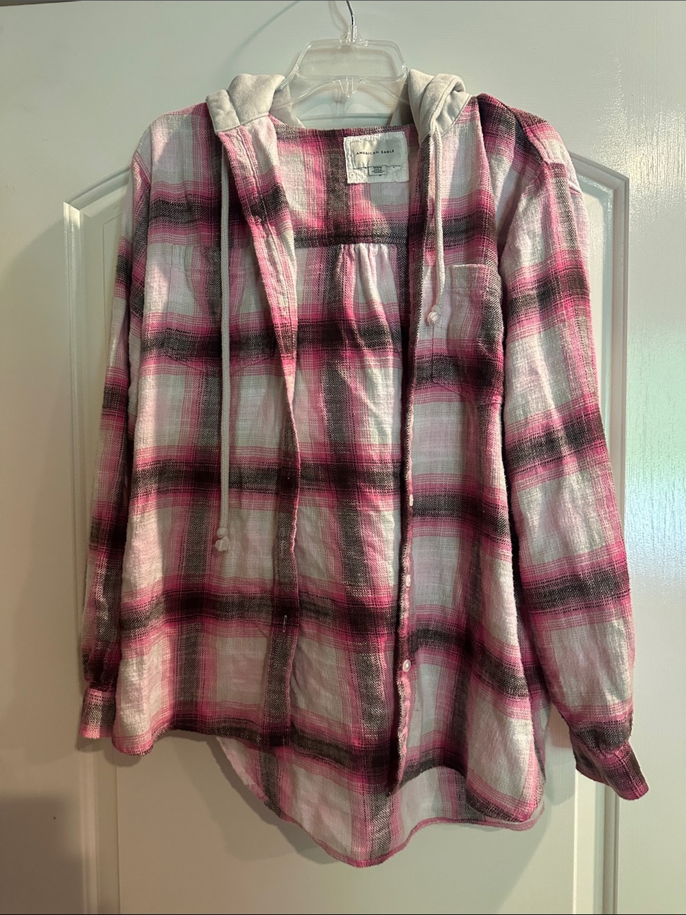 American Eagle Outfitters Pink and White Plaid Button-Down Hoodie Shirt - Picture 1 of 6
